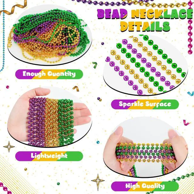 Alt view image 2 of 7 - 12PCS 33" Mardi Gras Beads Necklaces, 3 Colors Purple Green Gold Carnival Party Supplies, Masquerade Holiday Favors Decorations