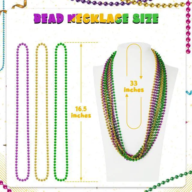 Alt view image 7 of 7 - 12PCS 33" Mardi Gras Beads Necklaces, 3 Colors Purple Green Gold Carnival Party Supplies, Masquerade Holiday Favors Decorations