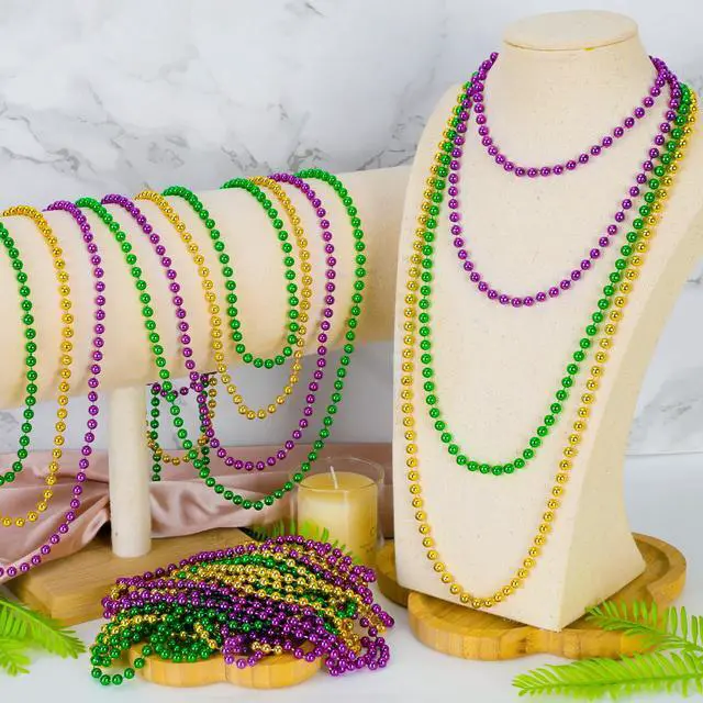 Alt view image 4 of 7 - 12PCS 33" Mardi Gras Beads Necklaces, 3 Colors Purple Green Gold Carnival Party Supplies, Masquerade Holiday Favors Decorations