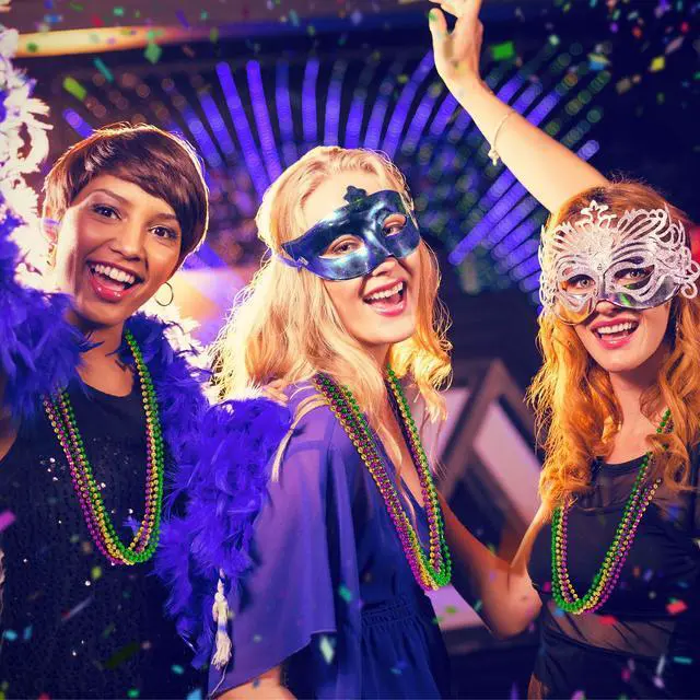 Alt view image 6 of 7 - 12PCS 33" Mardi Gras Beads Necklaces, 3 Colors Purple Green Gold Carnival Party Supplies, Masquerade Holiday Favors Decorations
