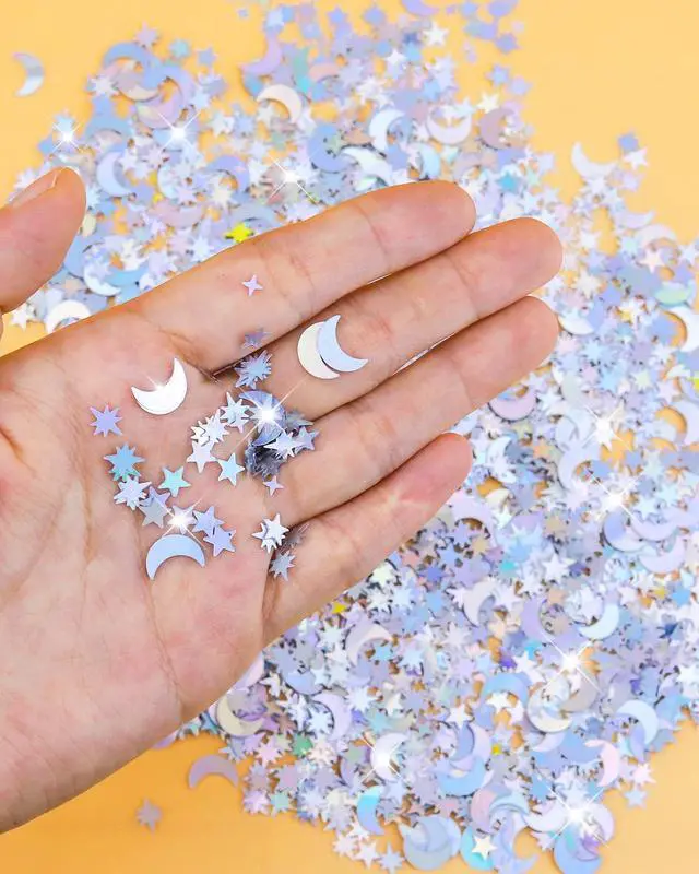 Alt view image 3 of 7 - 4000 Pcs Star Confetti, Glitter Confetti, Holographic Metallic Star Glitter, Holographic Moon, 10mm, Silver, for Party, Wedding, Birthday, Festival, DIY, Unicorn Theme