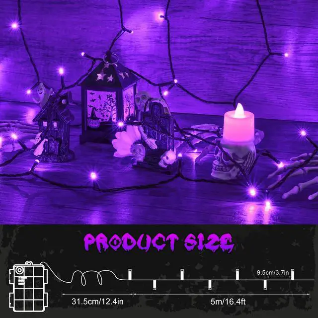 Alt view image 7 of 7 - Cshare Purple String Lights 16.4ft 50LED Battery Operated with Timer Waterproof, Halloween Decorations for Indoor Outdoor, Garland Party Patio Garden Yard Pathway