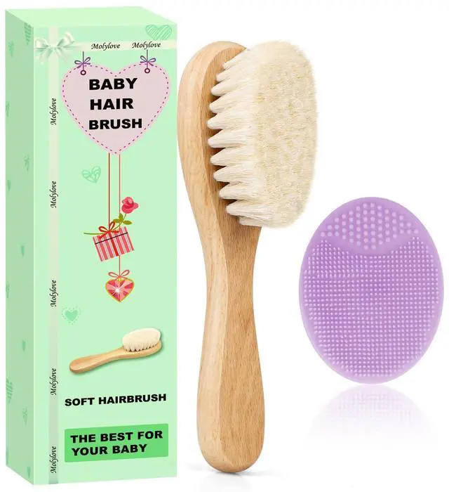 Main image of Baby Hair Brush and Cradle Cap Brush Set 2PCS for Newborns Toddlers, Wooden with Soft Goat Bristle, Purple
