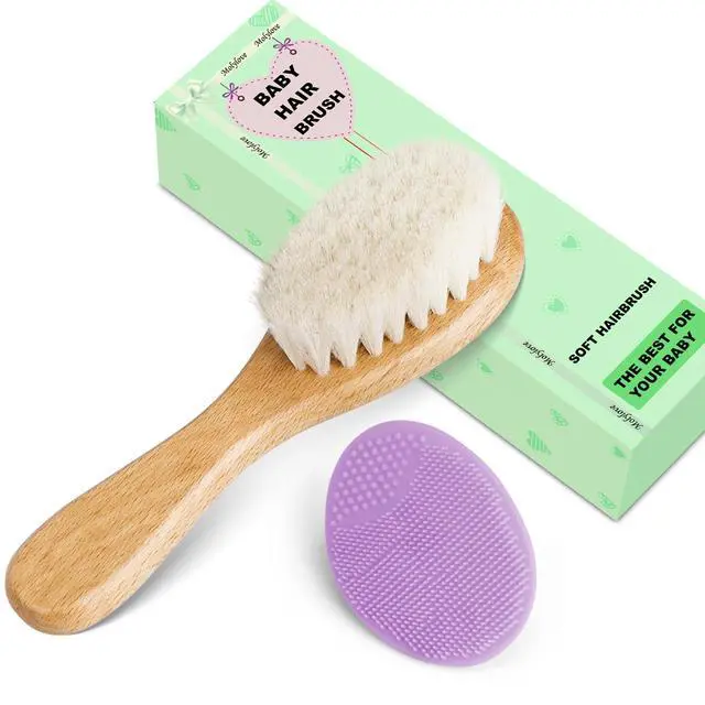 Alt view image 5 of 6 - Baby Hair Brush and Cradle Cap Brush Set 2PCS for Newborns Toddlers, Wooden with Soft Goat Bristle, Purple