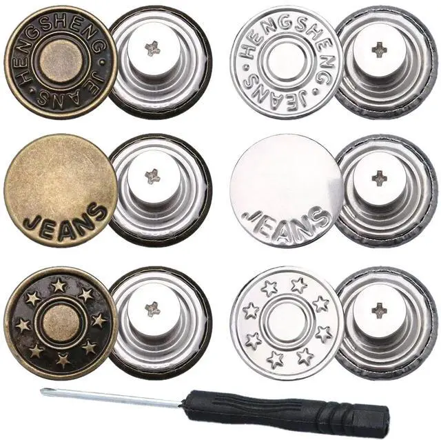Main image of 6pcs Metal No-Sew Nailess Removable Jeans Buttons Replacement, 17mm Adjustable Pants Button Tightener, Combo Thread Rivets and Screwdrivers