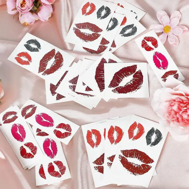 Alt view image 6 of 7 - 25 Sheets (65Pcs) Red Lips Temporary Tattoo Stickers, Self-Adhesive Waterproof Fake Red Lips Face & Body Stickers for Women & Girls Halloween Decorations