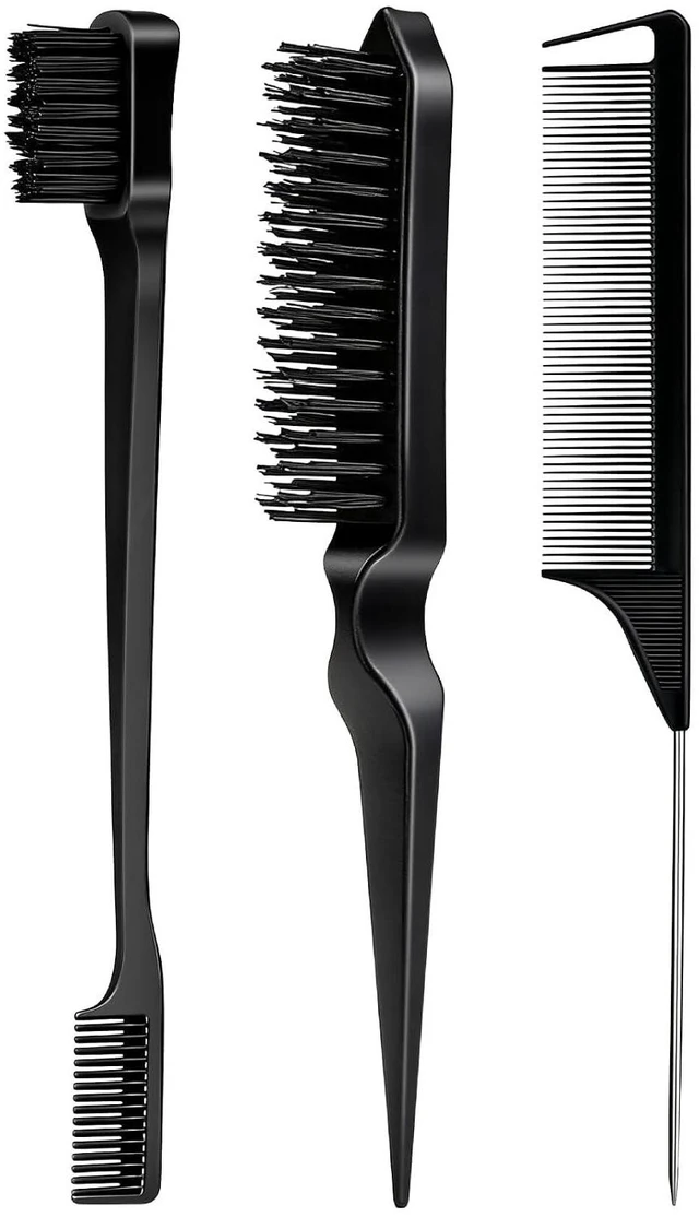 Main image of 3-Piece Hair Styling Comb Set Teasing Brush Rat Tail Comb Edge Brush for Edge and Back Brushing, Combing, Slicking Hair for Women Black