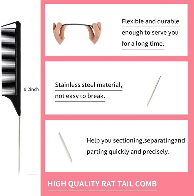 Alt view image 4 of 6 - 3-Piece Hair Styling Comb Set Teasing Brush Rat Tail Comb Edge Brush for Edge and Back Brushing, Combing, Slicking Hair for Women Black