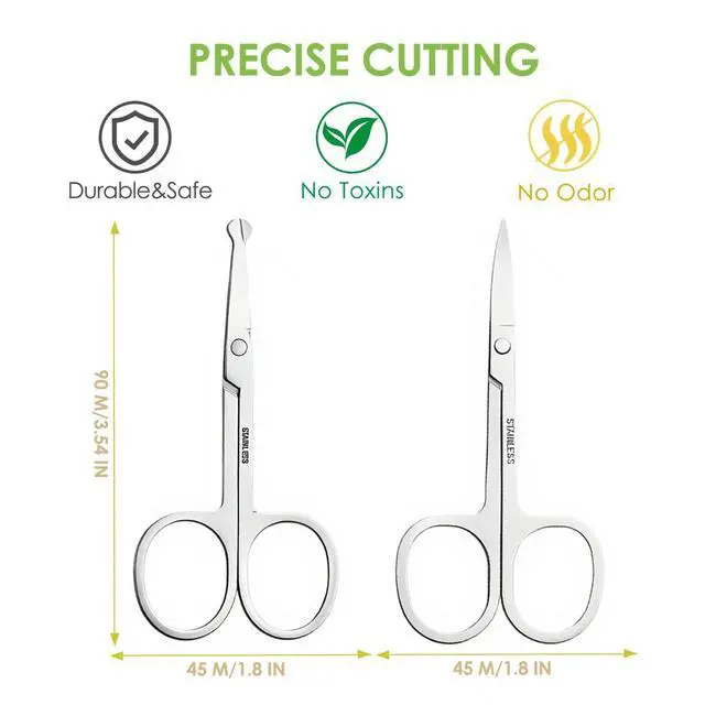 Alt view image 6 of 6 - 2 Pack Stainless Steel Facial Hair Grooming Scissors, Curved Rounded Pointed Nose Scissors for Eyebrows, Mustache, Beard, Eyelashes, Silver
