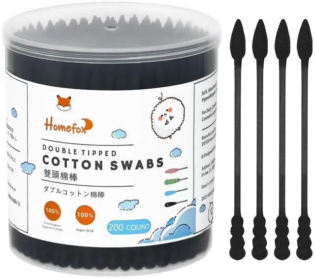 Main image of Black Cotton Swabs Spiral Pointed 200 Count Organic Cotton Charcoal Double Side Tightly Wrapped Precision Cotton Tips Paper Stick Soft Gentle Lint-Free