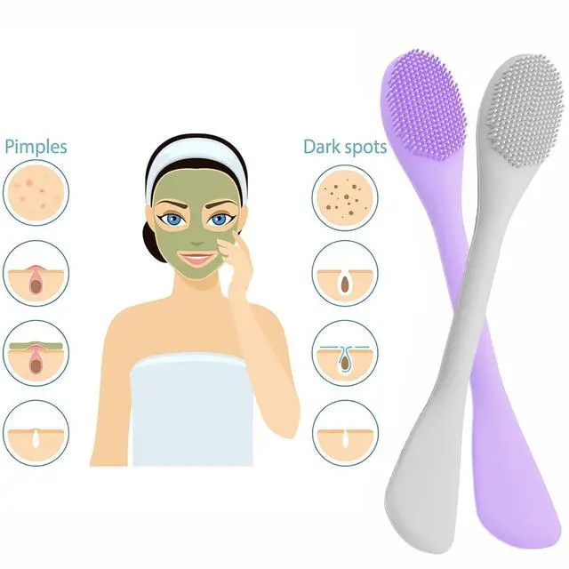 Alt view image 3 of 7 - Double-End Silicone Face Mask Brush, 2Pcs Soft Pore Scrubber Applicator Tool for Facial Mud, Cleansing Brushes, Makeup Skincare Removal, Grey and Purple