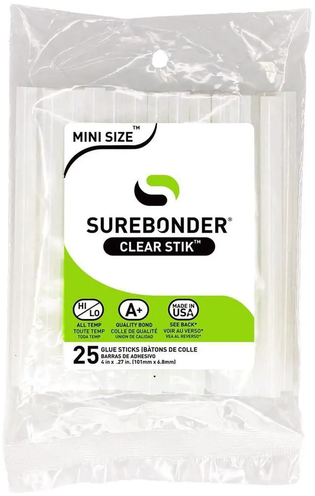 Main image of Surebonder All Purpose Mini-Size Hot Glue Sticks, 4-Inch Length, 0.27-Inch Diameter, 25 Pack, Clear