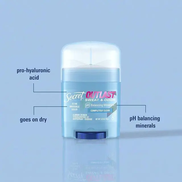 Alt view image 2 of 6 - Secret Outlast Antiperspirant Deodorant for Women, 72HR Sweat & Odor Protection, Invisible Solid, pH Balancing Minerals, Completely Clean Scent, Travel Size, 0.5oz