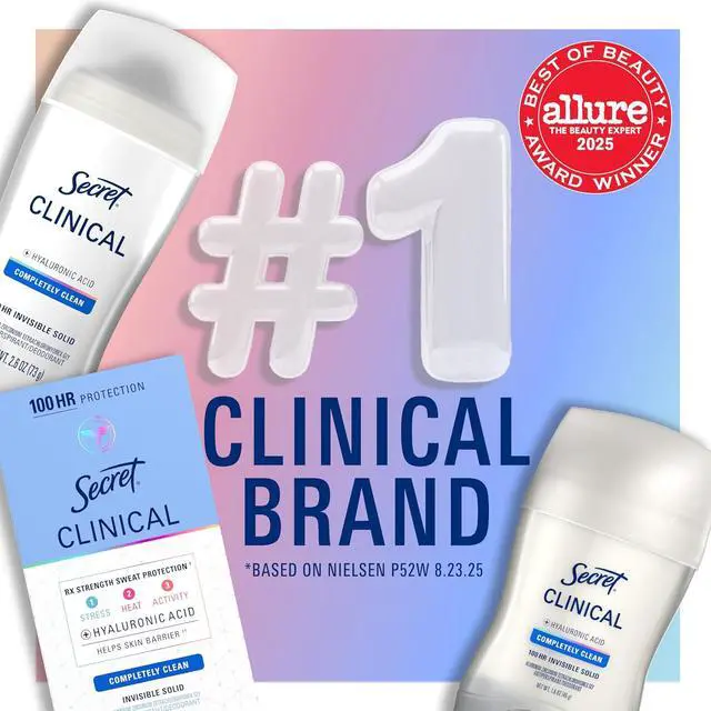 Alt view image 6 of 6 - Secret Clinical Strength 100HR Invisible Solid Antiperspirant & Deodorant for Women, 3X Stress Protection with Hyaluronic Acid, PH Balanced, Completely Clean Scent, 0.5 o