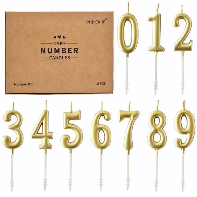 Main image of PHD Cake 10-Piece Gold Number 0-9 Birthday Candles, Glitter Cake Topper for Birthday, Wedding Anniversary, Party Celebration