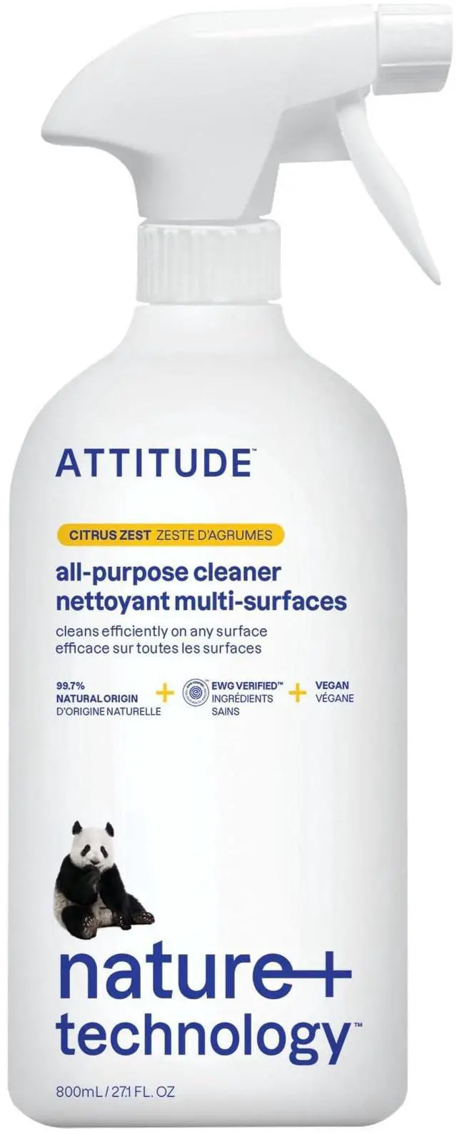 Main image of ATTITUDE All Purpose Cleaner Spray, EWG Verified, Vegan, 94% Plant-Based, Streak-Free, for Kitchen, Bathroom, Glass & More, Citrus Zest Scent, 27.1 Fl Oz