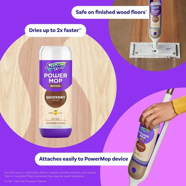 Alt view image 4 of 6 - Swiffer Power Mop Wood Refill Solution, QuickDry Hardwood Floor Cleaner, All-Purpose Multi-Surface, Lemon Scent, 50.7oz