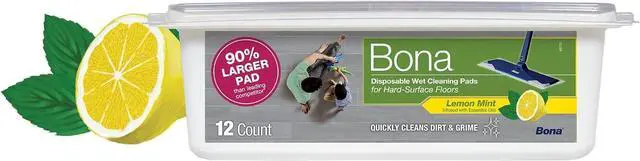 Main image of Bona Disposable Wet Cleaning Pads for Hard-Surface Floors, Lemon Mint Scent, 12 Count