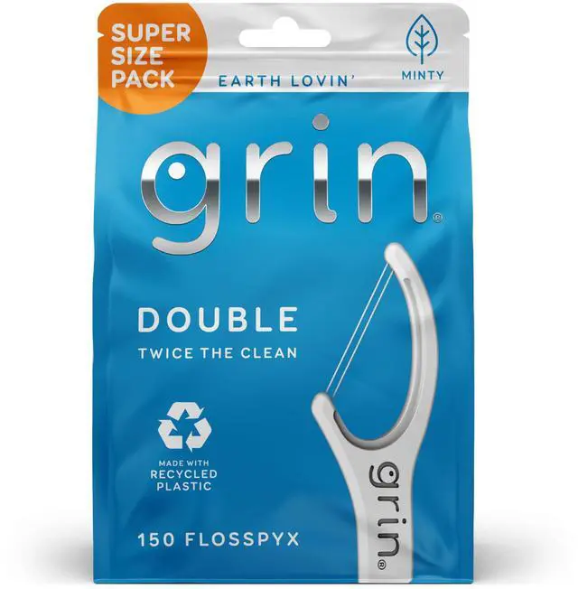 Main image of GRIN Double Flosspyx Dental Flossers, 150 Count, Minty Flavor, Recycled Plastic, 2 Lines Strong Floss, Longer Floss Head, with Soft Fold-Back Tooth Pick