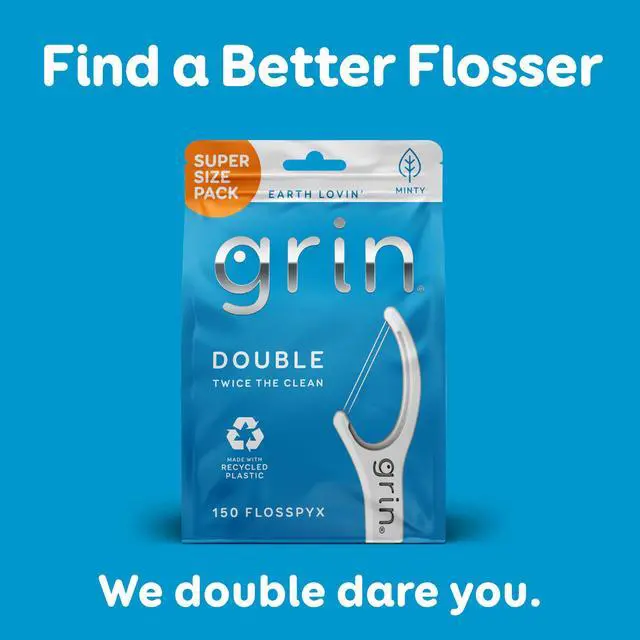 Alt view image 6 of 6 - GRIN Double Flosspyx Dental Flossers, 150 Count, Minty Flavor, Recycled Plastic, 2 Lines Strong Floss, Longer Floss Head, with Soft Fold-Back Tooth Pick