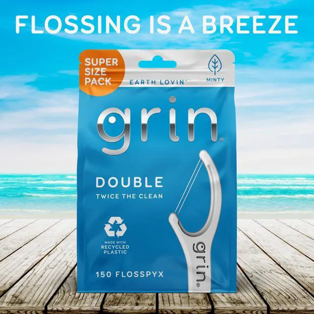 Alt view image 4 of 6 - GRIN Double Flosspyx Dental Flossers, 150 Count, Minty Flavor, Recycled Plastic, 2 Lines Strong Floss, Longer Floss Head, with Soft Fold-Back Tooth Pick