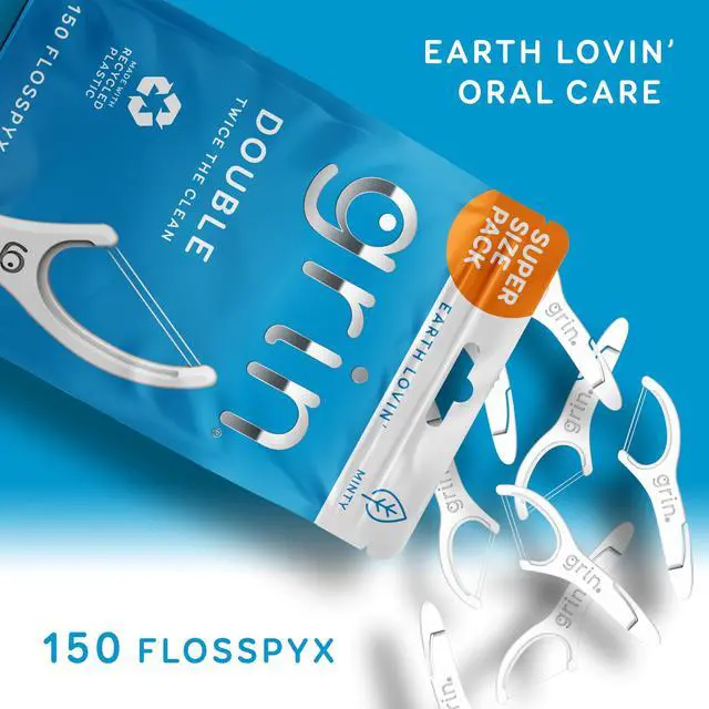 Alt view image 2 of 6 - GRIN Double Flosspyx Dental Flossers, 150 Count, Minty Flavor, Recycled Plastic, 2 Lines Strong Floss, Longer Floss Head, with Soft Fold-Back Tooth Pick