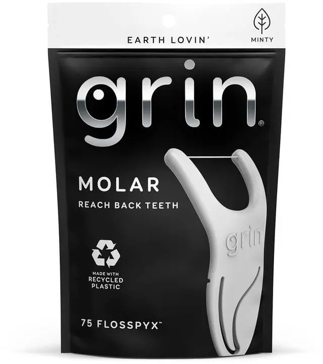Main image of GRIN Molar Flosspyx, 75 Count, Minty Flavor, Recycled Plastic Floss Picks, with Safe Soft Fold-Back Tooth Pick