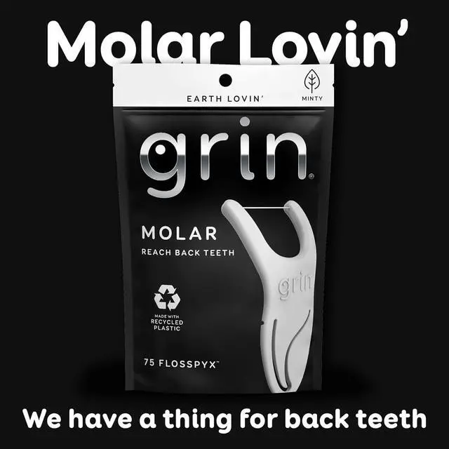 Alt view image 6 of 6 - GRIN Molar Flosspyx, 75 Count, Minty Flavor, Recycled Plastic Floss Picks, with Safe Soft Fold-Back Tooth Pick