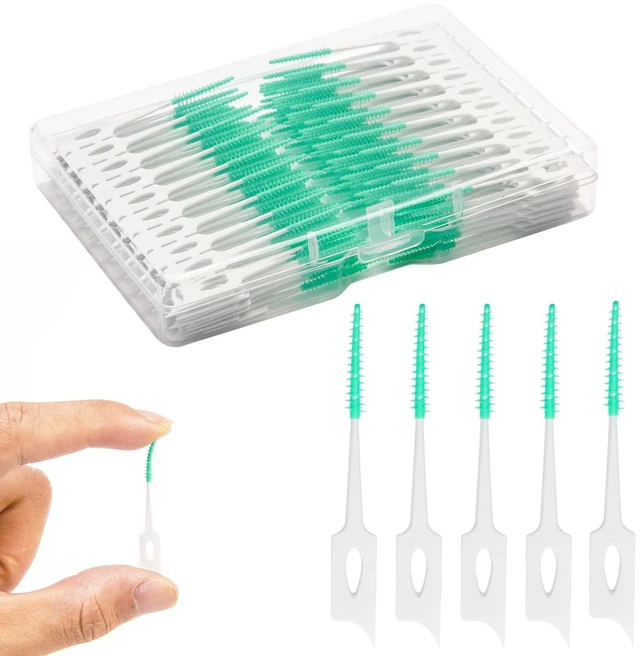 Main image of Dental Floss Picks, 200 Count, Soft Rubber Brush Head, Interdental Brushes with Convenient Carry Case, Dual-Ended Toothpick, Travel Teeth Cleaning Tools, Green