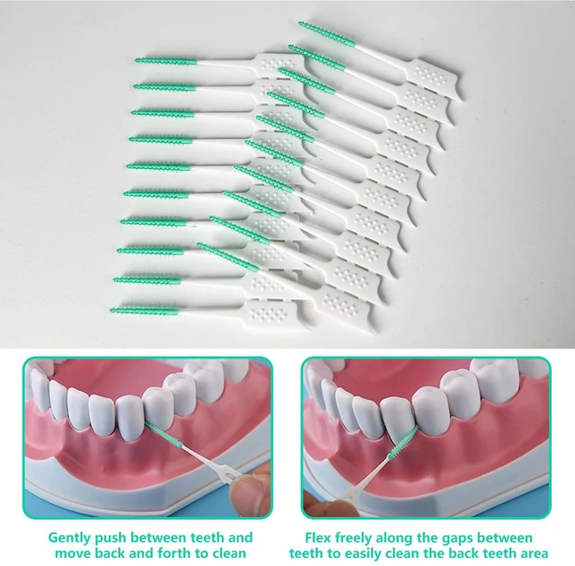 Alt view image 6 of 7 - Soft Silicone Interdental Brush and Dental Floss Picks, Braces Brush, Disposable, 160pcs (Green)