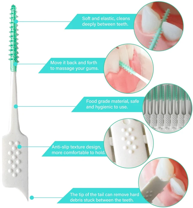 Alt view image 2 of 7 - Soft Silicone Interdental Brush and Dental Floss Picks, Braces Brush, Disposable, 160pcs (Green)