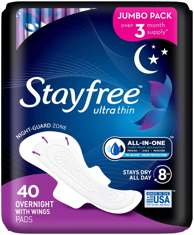 Main image of Stayfree Ultra Thin Overnight Pads With Wings, 40 Count, Multi-Fluid Absorption, Up to 10 Hours Protection