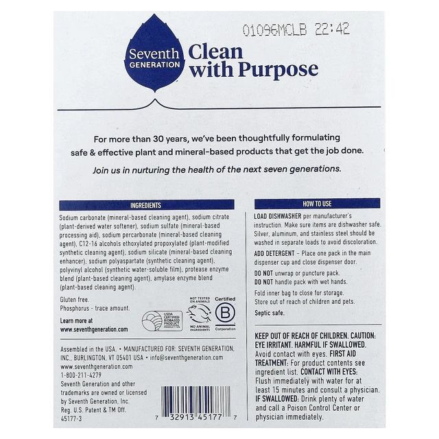 Alt view image 3 of 5 - Seventh Generation Free & Clear Dishwasher Detergent Packs, 20 Count