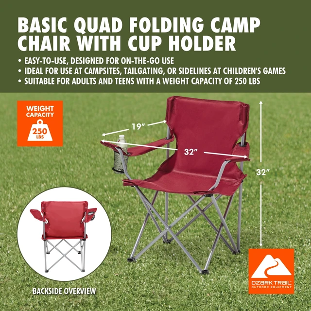 Alt view image 6 of 6 - Ozark Trail Quad Folding Camp Chair with Cup Holder, Red