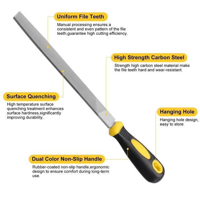 Alt view image 3 of 7 - 8in Flat Hand Metal File, Total 12in Length, Ergonomic Rubberized Handle, Uniform Teeth, High Carbon Steel, for Trimming and Sharpening Metal, Stone, Wood etc.