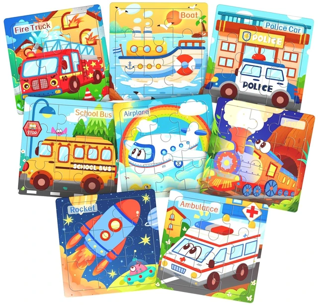 Main image of Zeoddler Wooden Vehicle Jigsaw Puzzles 8 Pack, 9 Pieces Preschool Learning Activities & Educational Toys for Toddlers Kids 3-5, Gift for Boys Girls