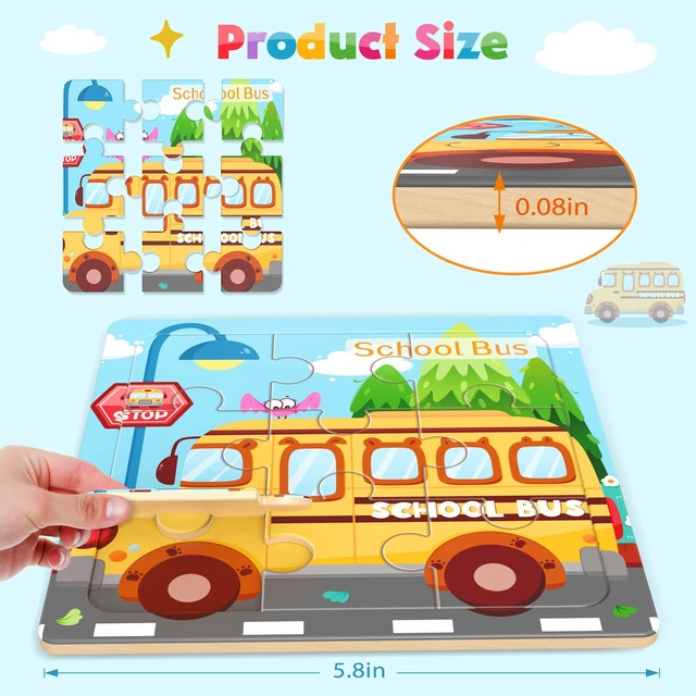 Alt view image 5 of 7 - Zeoddler Wooden Vehicle Jigsaw Puzzles 8 Pack, 9 Pieces Preschool Learning Activities & Educational Toys for Toddlers Kids 3-5, Gift for Boys Girls