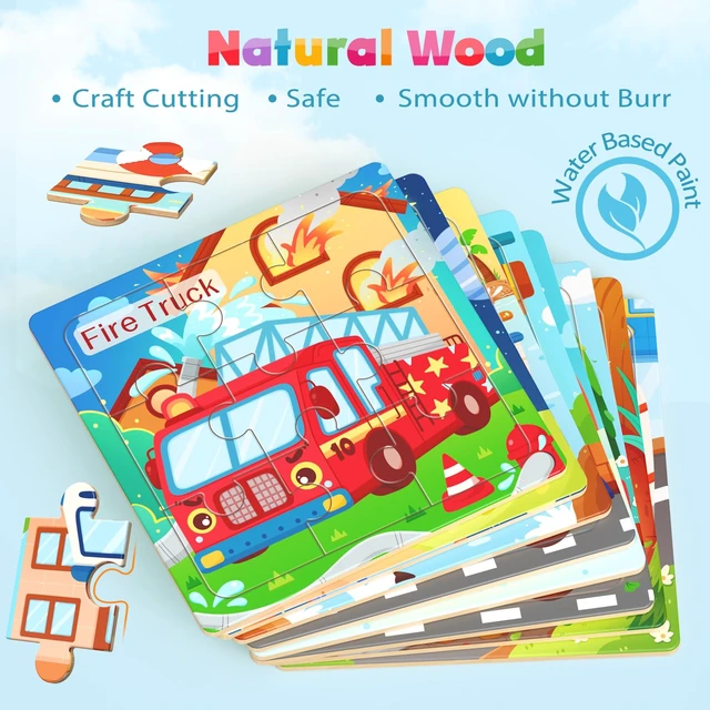 Alt view image 2 of 7 - Zeoddler Wooden Vehicle Jigsaw Puzzles 8 Pack, 9 Pieces Preschool Learning Activities & Educational Toys for Toddlers Kids 3-5, Gift for Boys Girls