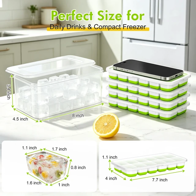 Alt view image 4 of 6 - Ice Cube Tray with Lid and Bin, 4 Pack, 48 Cubes, Stackable Freezer Mold