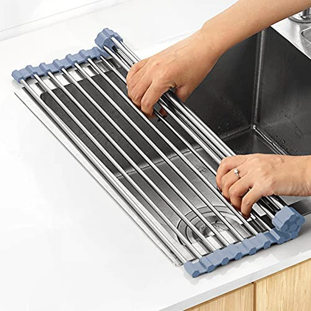 Alt view image 2 of 5 - Over The Sink Dish Drying Rack, Stainless Steel Roll Up Dish Drying Rack Kitchen Dish Rack Sink Drying Rack, Foldable Dish Drainer, 17.5''x13.7''
