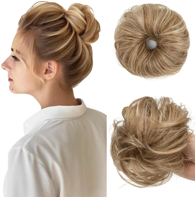 Main image of 2PCs Small Cute Messy Bun Hair Piece for Thin Hair Women Mini Synthetic Curly Bun Scrunchies Updo Hairpieces Sahara Beige