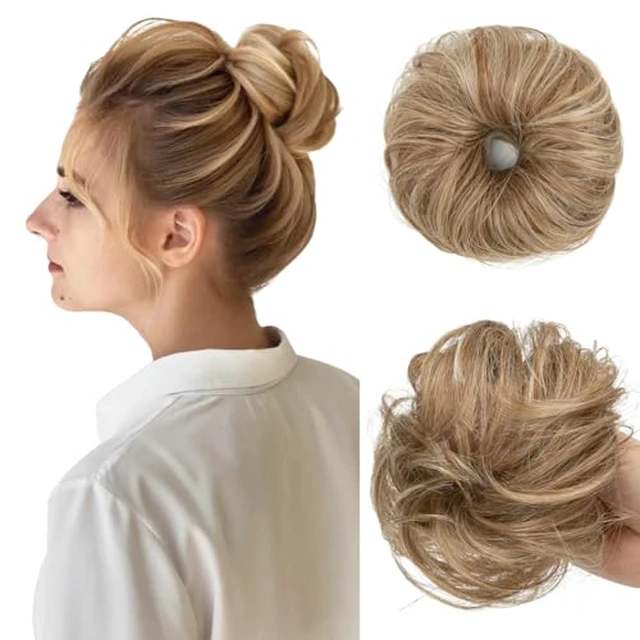 Alt view image 2 of 7 - 2PCs Small Cute Messy Bun Hair Piece for Thin Hair Women Mini Synthetic Curly Bun Scrunchies Updo Hairpieces Sahara Beige