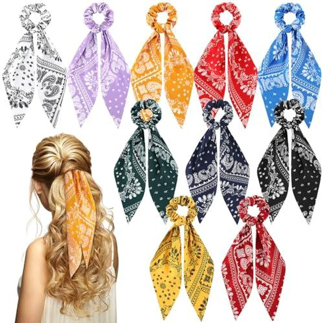Alt view image 6 of 7 - 10 Pcs Hair Scrunchies, Hair Scarf with Ribbon, Ditsy Print