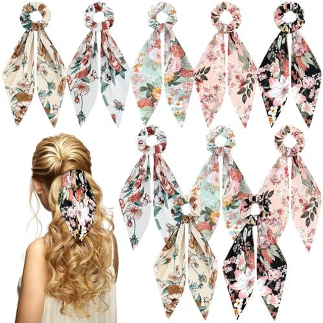 Alt view image 7 of 7 - 10 Pcs Hair Scrunchies, Hair Scarf with Ribbon, Ditsy Print