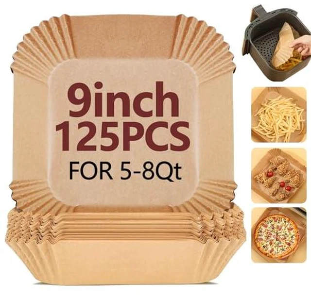 Alt view image 2 of 4 - 9 Inch Air Fryer Liners Disposable-125PCS Square Parchment Paper Liners,Heat Resistant & Non-Stick,Unbleached Liners for Air Fryer,Oven,Roasting,Baking,MicrowaveBottom is 8 Inch
