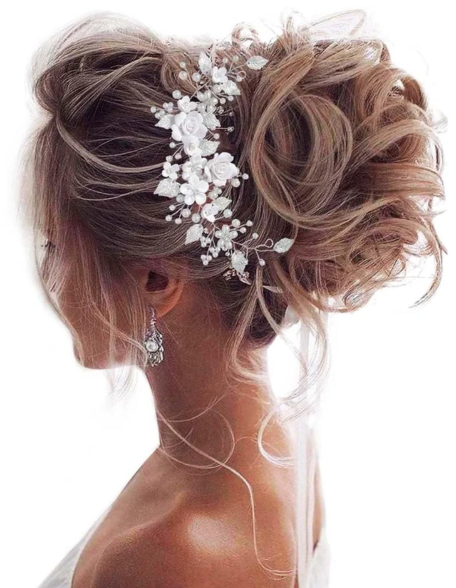 Main image of Flower Bride Wedding Hair Vine Pearl Bridal Hair Piece Leaf Hair Accessories Rhinestone Headband for Women (9inches) (Silver)