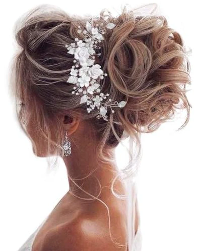 Alt view image 2 of 7 - Flower Bride Wedding Hair Vine Pearl Bridal Hair Piece Leaf Hair Accessories Rhinestone Headband for Women (9inches) (Silver)