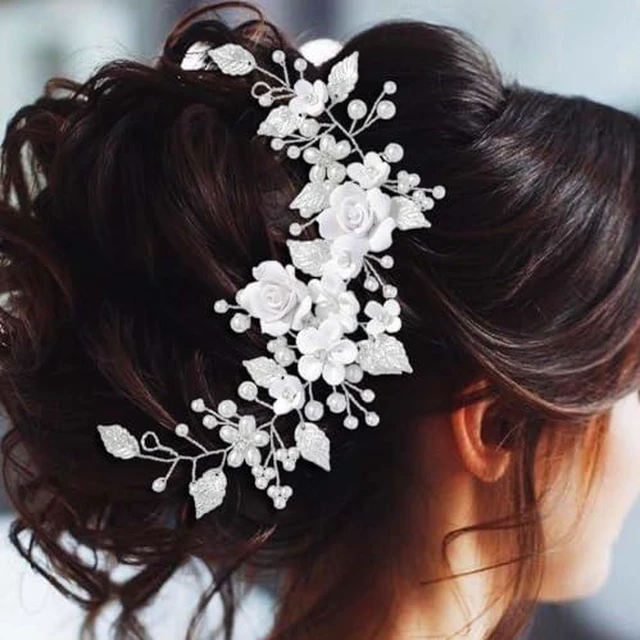 Alt view image 6 of 7 - Flower Bride Wedding Hair Vine Pearl Bridal Hair Piece Leaf Hair Accessories Rhinestone Headband for Women (9inches) (Silver)