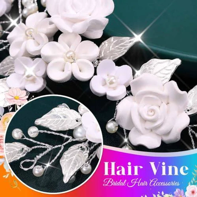 Alt view image 7 of 7 - Flower Bride Wedding Hair Vine Pearl Bridal Hair Piece Leaf Hair Accessories Rhinestone Headband for Women (9inches) (Silver)