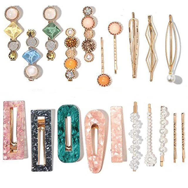 Alt view image 2 of 7 - 20 PCS Pearls and Acrylic Resin Hair Clips, Handmade Hair Barrettes, Marble Alligator bobby pins, Glitter Crystal Geometric Hairpin, Elegant Gold Hair Accessories, Gifts for Women Girls